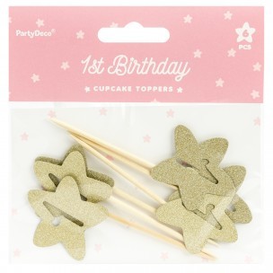 PartyDeco Cupcake Toppers 1st Birthday Gouden Sterren Set/6